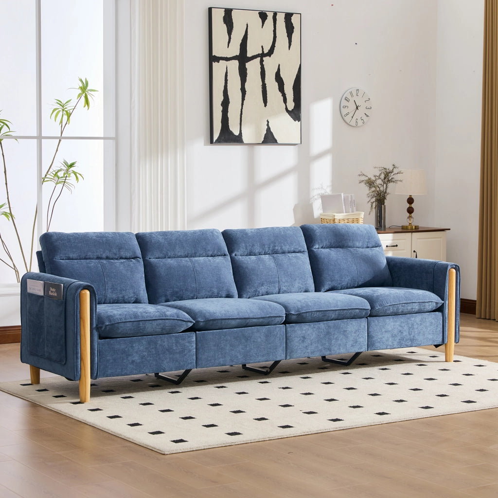 Divano angolare modulare a U 4 posti con contenitore e braccioli, in Chenille Blu