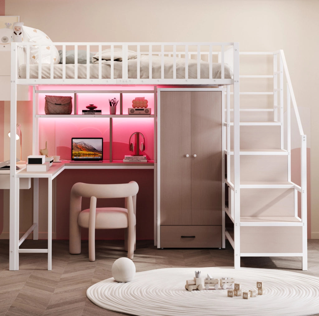 Letto a soppalco in metallo 140x200 cm con scrivania; ripiani; armadio; LED e prese