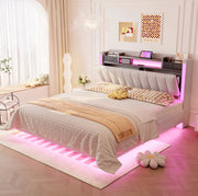 Letto imbottito matrimoniale 140x200 con LED; USB e contenitore nascosto; beige