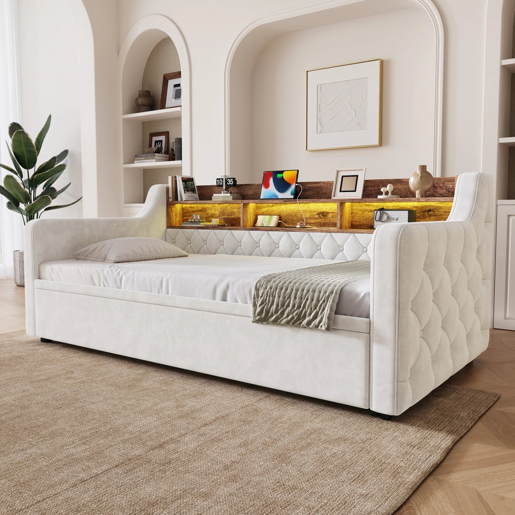 Letto a Divanetto 90x190 cm; con testiera portaoggetti; LED; USB e Type-C in Velluto Beige
