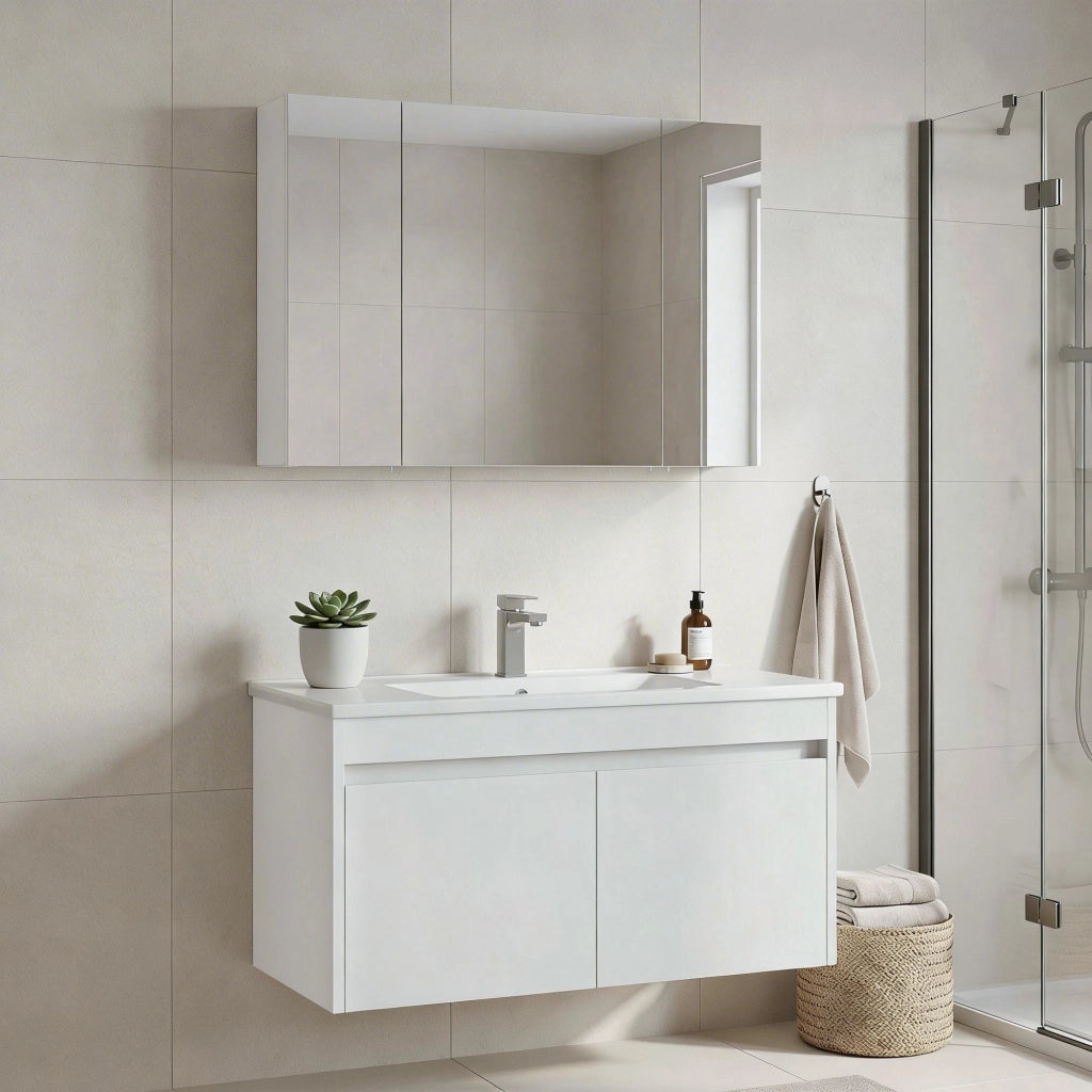 Set mobile lavabo con specchio (2 pezzi) "Side 100 v3" - 100 x 45 x 52 cm - Bianco opaco