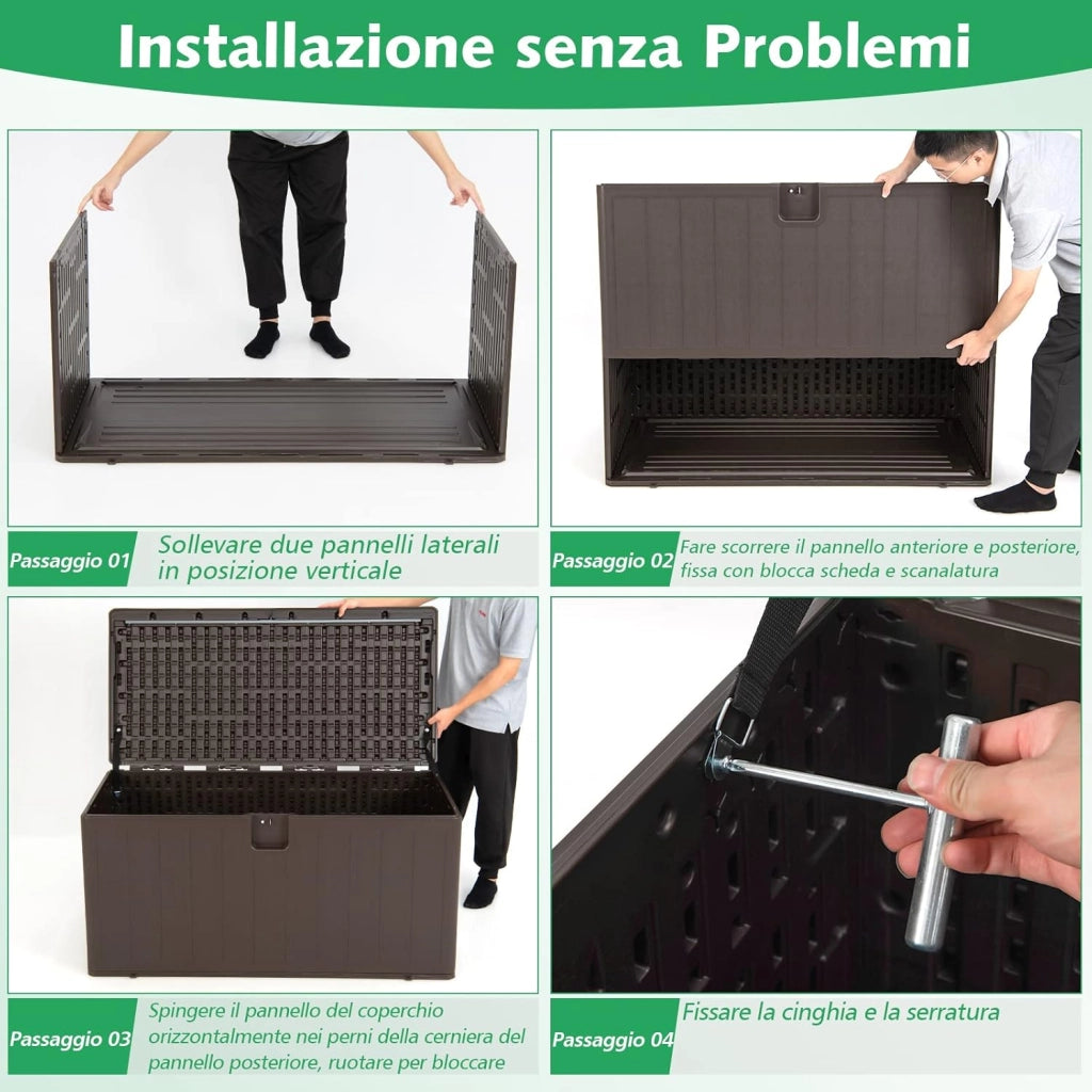 Baule da Giardino 400L, Panca Contenitore in Plastica con Coperchio e Maniglia, per Interni e Esterni, 127,5 x 64 x 64cm (Modello 2)