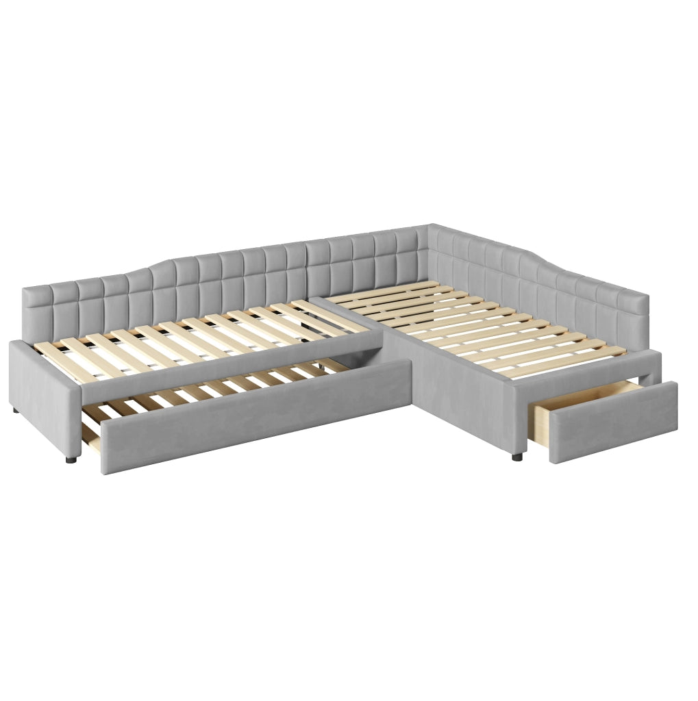 Letto angolare imbottito 90x200 con letto estraibile e cassetti