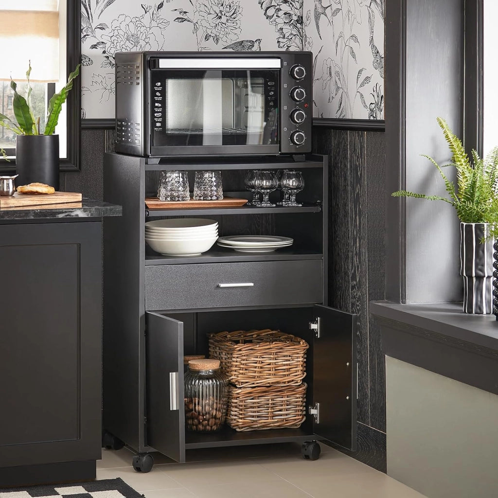 Mobiletto Cucina con Ruote e Piano Estraibile – Mobile Cucina Salvaspazio con Cassetto e Ante, Credenza Cucina, Carrello Cucina per Microonde, Ufficio o Sala da Pranzo Nero 59×40×92 cm FSB09-SCH