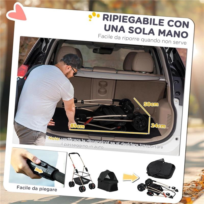 PASSEGGINO PER CANI 3 IN 1 PIEGHEVOLE CON BORSA TRASPORTINO E CESTINO INFERIORE NERO