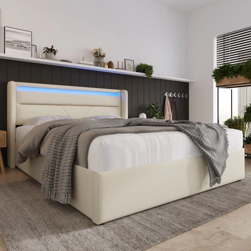 Letto Contenitore 140x200 cm; Letto Matrimoniale; LED con telecomando; in PU Bianco