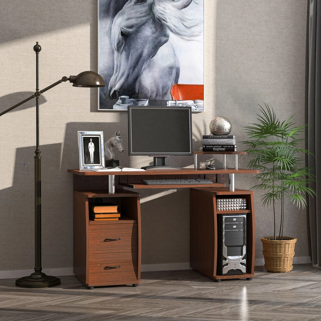 Scrivania per Computer con Libreria e Cassetti ¨C zephmum ¨C Legno, Marrone, 120x55x85cm