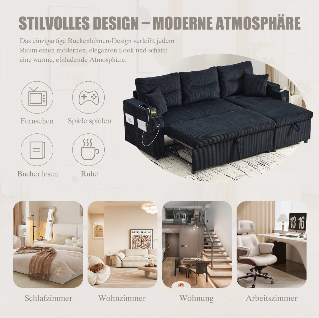 Divano 3 posti in tessuto corduroy nero con chaise longue idraulica; letto estraibile e USB-C