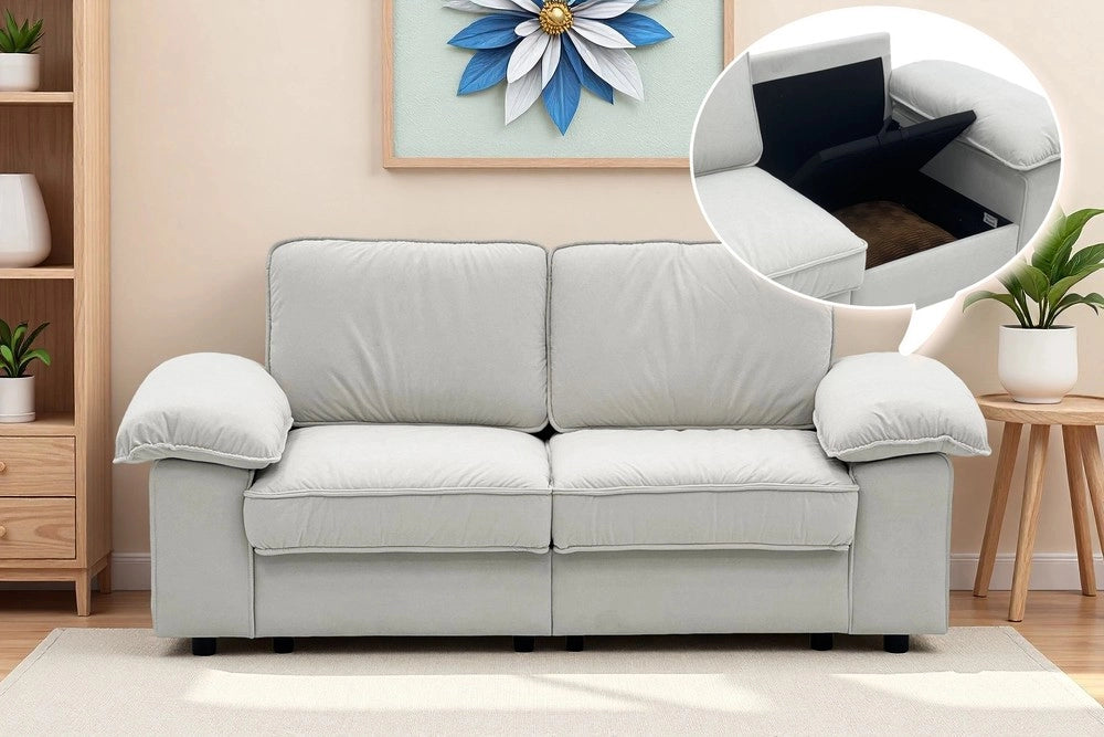 Divano con contenitore ¨C Minimal ¨C tessuto imbottito grigio chiaro 80x90x172