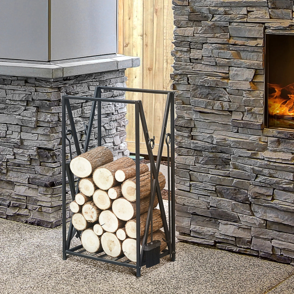 Porta Legna per Camino con Attrezzi ¨C Zephmum ¨C Acciaio, 46x30x76cm, Nero