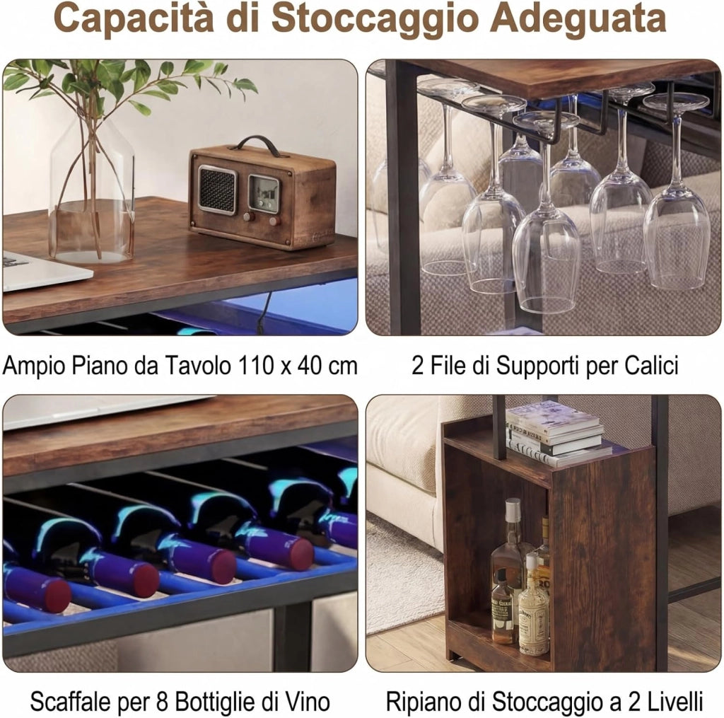 Tavolo da Bar con Luce Regolabile, Tavolino Alto con Stazione di Ricarica, Portabottiglie e Portabicchieri, Tavolino da Cucina per Soggiorno e Sala da Pranzo, 110 x 40 x 92 cm