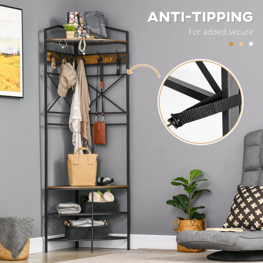 EasyComfort Appendiabiti da Terra Angolare con Panca e Scarpiera in Stile Industriale, 50x50x183cm, Marrone