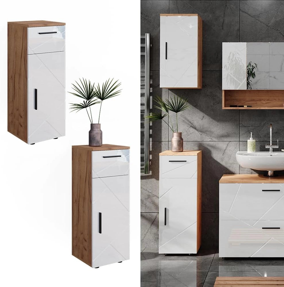 Mobiletto bagno Irma, Bianco lucido/oro power oak, 30 x 81 cm, per la conservazione in bagno, abbinabile alla serie Irma