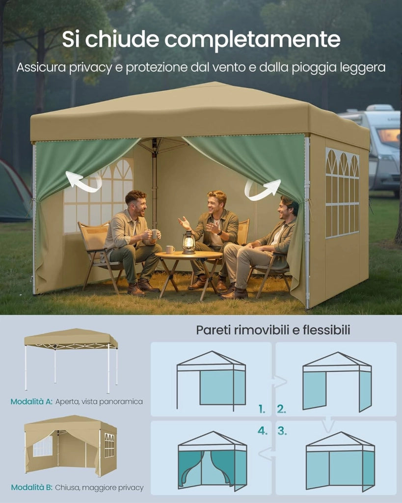 SONGMICS Gazebo, Tendone Pieghevole, Protezione Solare, Resistente alla Pioggia Leggera, Portatile, con Pareti Laterali, per Cortile, Giardino, Mercato, 3 x 3 m, Beige GCT104LZ01