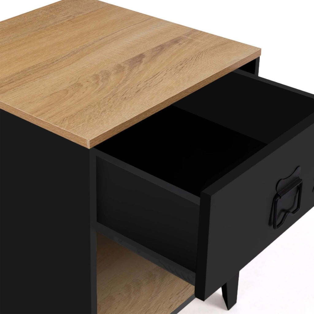 Set di 2 comodini Ester a 1 cassetto in Metallo Nero con nicchia e Piano in faggio in Stile Industriale