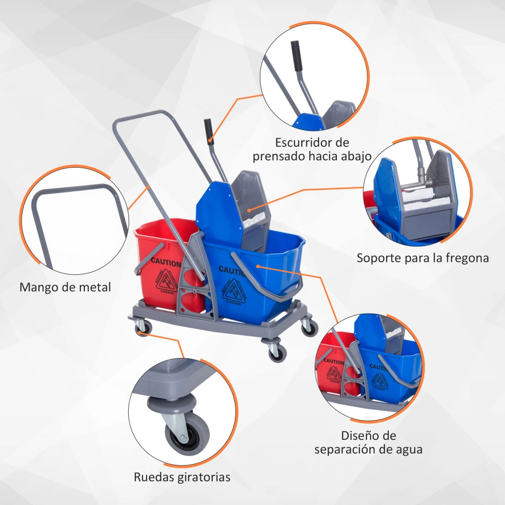 Carrello Pulizia Professionale ¨C Xylo ¨C Metallico con 2 Secchi 25L e Strizzatore, 73x45x92cm Rosso Blu
