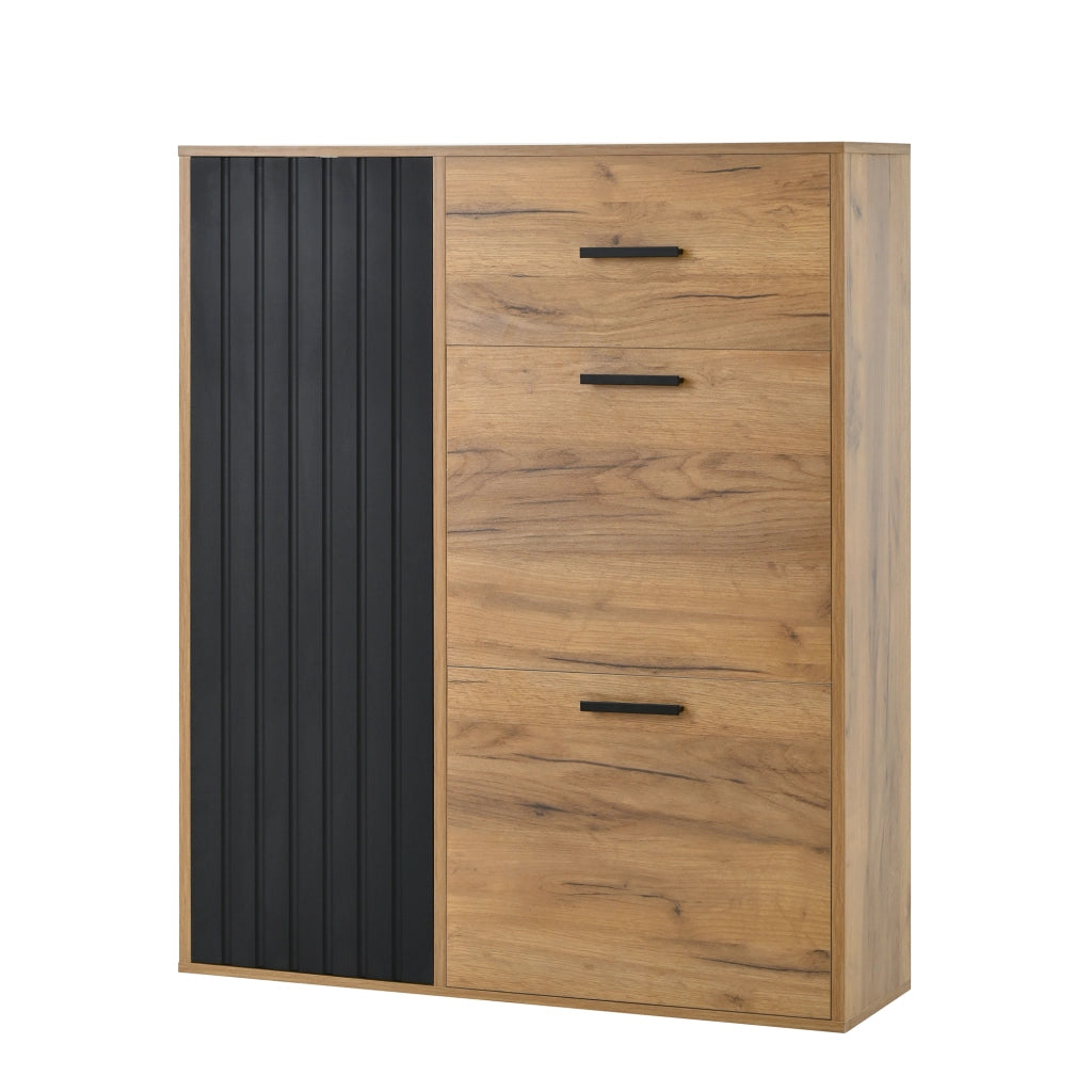 Mobile porta scarpe moderno con cassetto, 3 ante e ripiani regolabili, nero e naturale, 80 x 24 x 95,5 cm