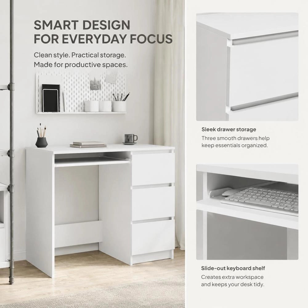 White Engineered Wood Desk With Drawer, 90x45x76 Cm Computer Table, Sturdy Minimalist Design, Space Saving Workstation For Home Office Study Room
