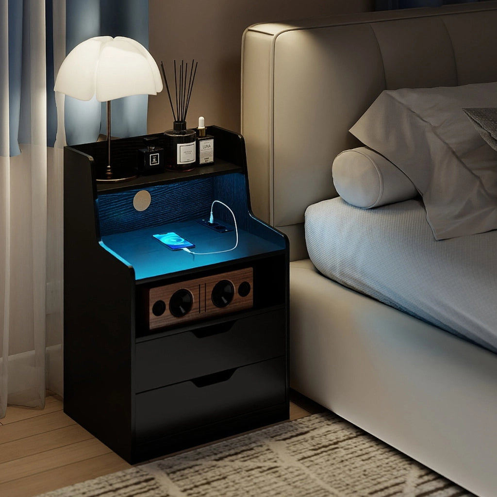 Comodino led con stazione di ricarica moderna con kit anti-ribaltamento per soggiorno, Comodino camera da letto Nero-Comodini