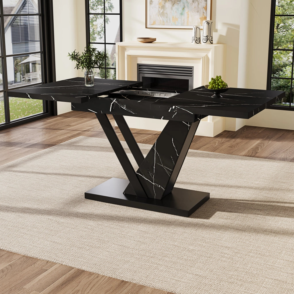 Tavolo da pranzo allungabile in MDF effetto marmo nero, con struttura in metallo, per cucina e soggiorno, 120 × 75 × 75,5 cm