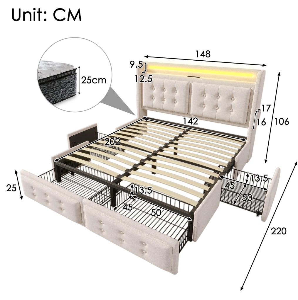 Letto imbottito ULEVR 140x200 cm con materasso, LED, 2 prese, USB, Type-C e 4 cassetti, beige