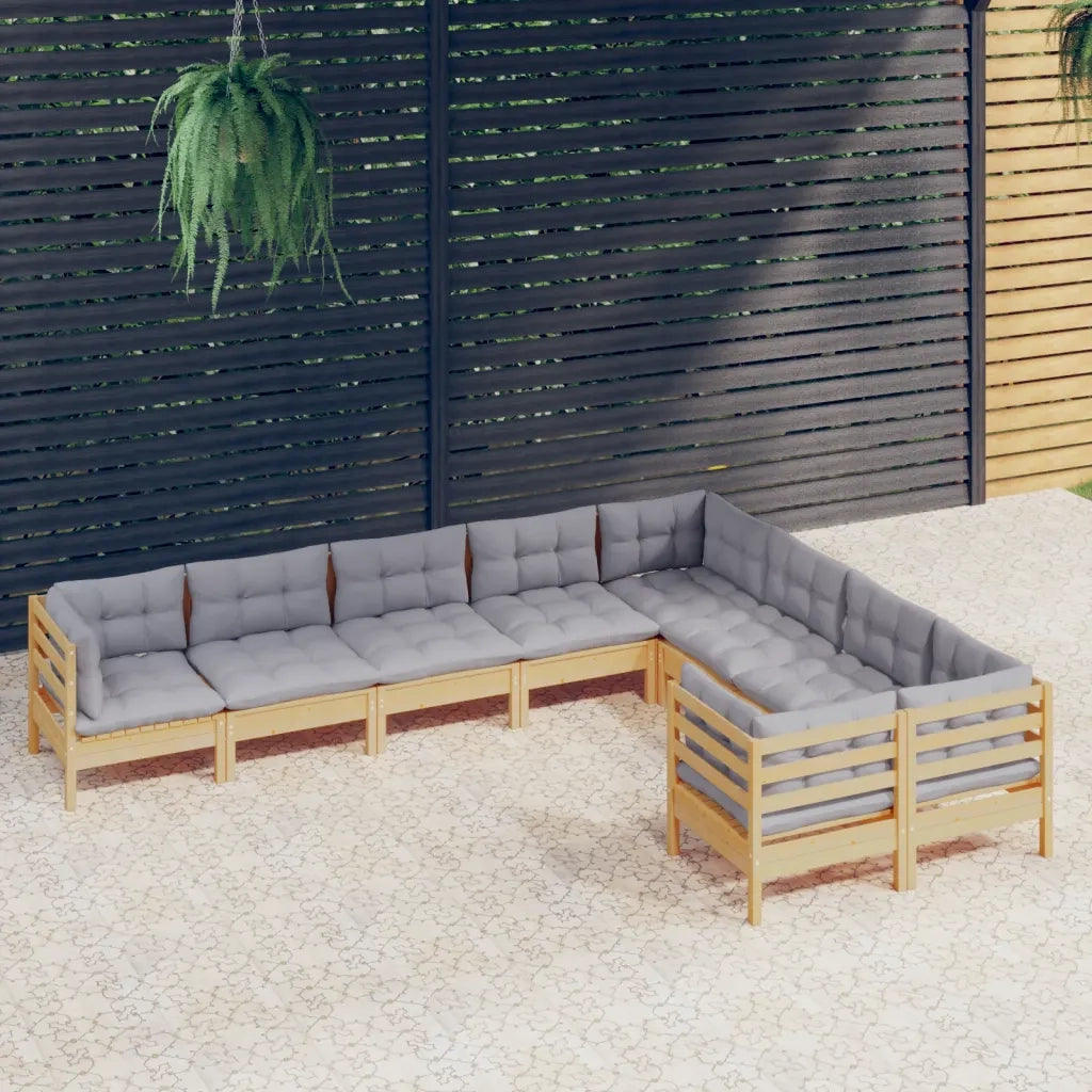 Set Divani da Giardino 9 pz con Cuscini Grigi Massello di Pino 3096982