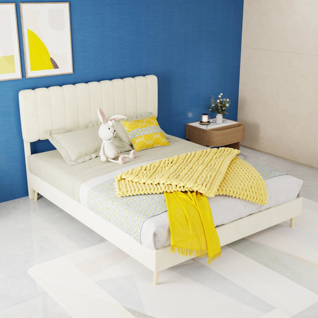 Letto imbottito moderno con testiera morbida, 140x200 cm, beige