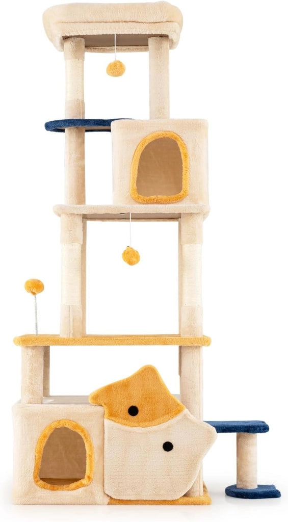 Albero per Gatti da Interno Alto 159 cm, Tiragraffi per Gatti con 2 Condo, Posatoio Morbido Rimovibile e Palo Scratcher in Sisal, Centro Attività Versatile per Animali Domestici