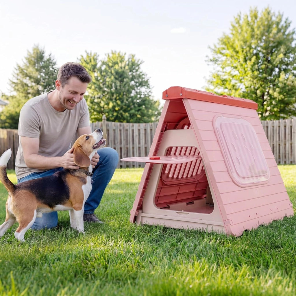 Cuccia Pieghevole per Cani, Casetta in Plastica per Cane con Porta a Battente Bloccabile e Finestre Ventilate, Cucce Impermeabile e Portatile per Cani Piccoli e Medi (Rosa)
