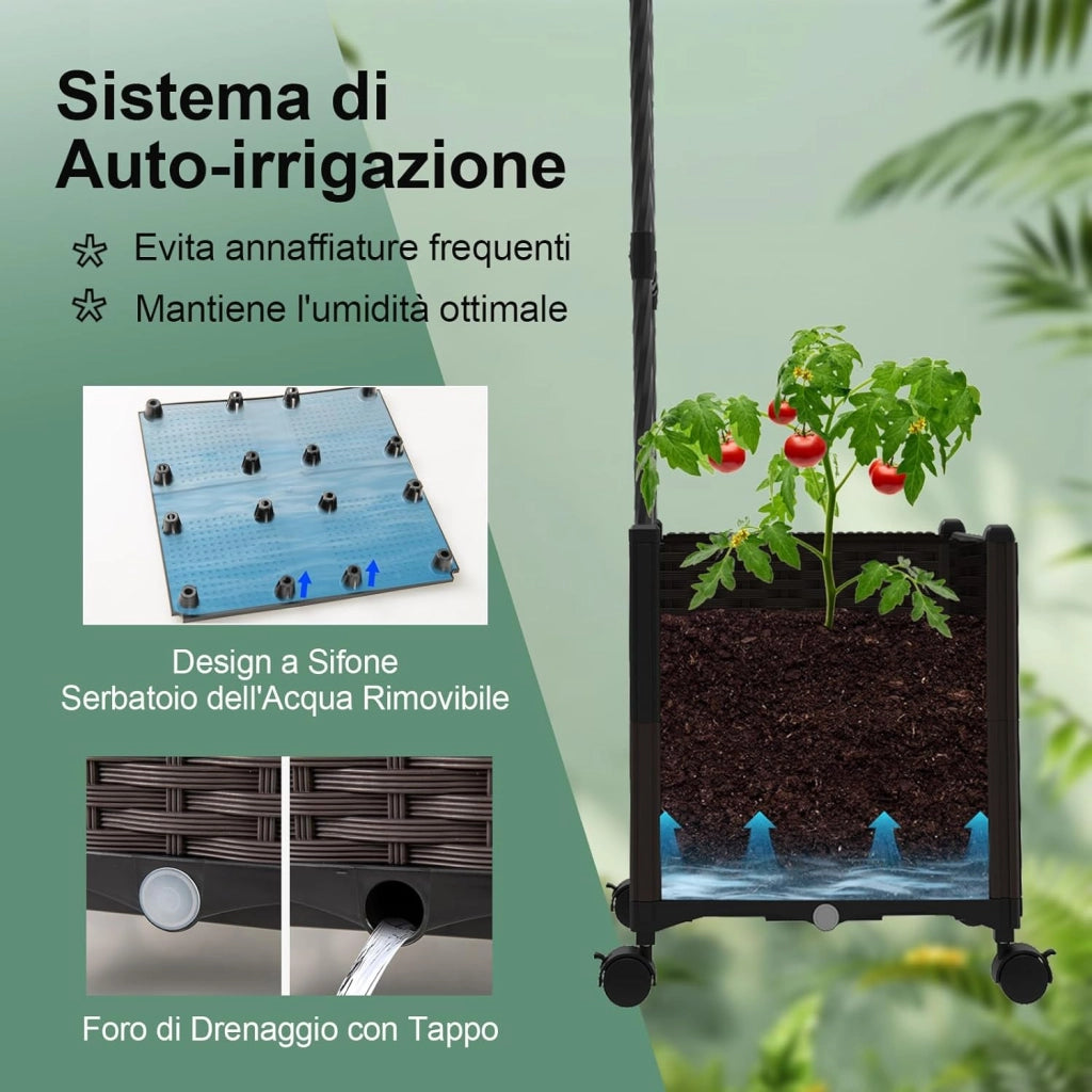 Arco da Giardino, Pergolato per Piante Rampicanti con 2 Fioriere, Sistema di Autoirrigazione, Fori di Drenaggio e Ruote Bloccabili, Decorazione per Matrimoni