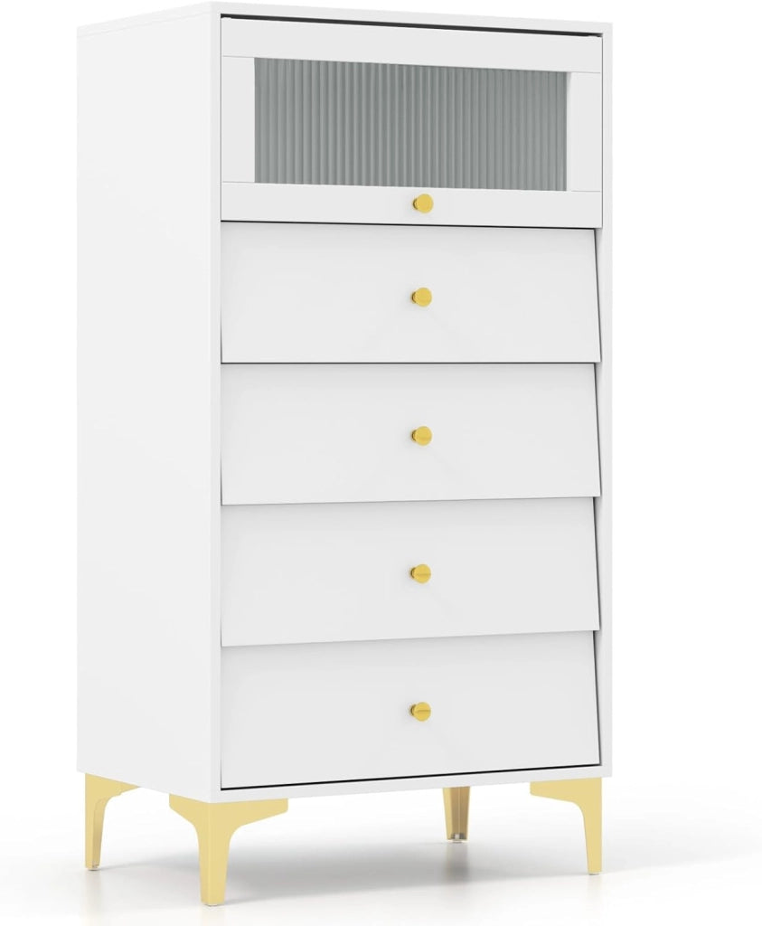 Cassettiera con 4 cassetti e porta in vetro apribile, credenza in legno con gambe in metallo, armadietto da pavimento autoportante con protezione antiribaltamento, moderno mobile da soggiorno