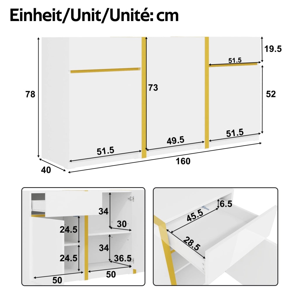 Sideboard bianco lucido 160x40x78 cm con 3 ante e 2 cassetti; MDF e pannello truciolare
