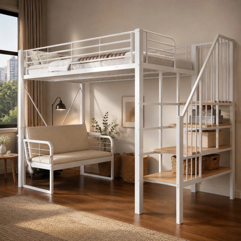 LETTO A CASTELLO 90x200 cm in metallo bianco con divano imbottito rimovibile