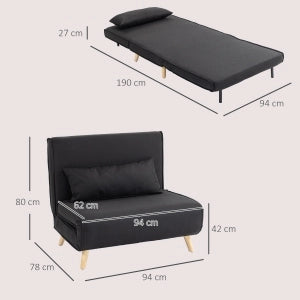 Divano letto 2 in 1 con schienale regolabile a 6 posizioni, cuscino e gambe di supporto, in tessuto effetto lino nero