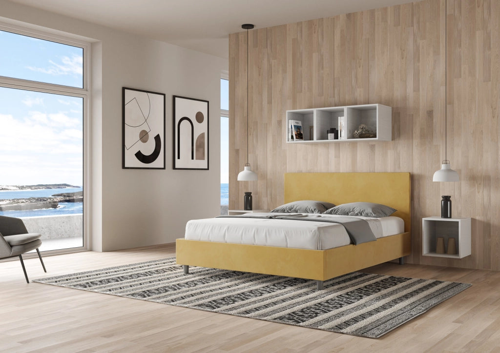 BS COM Letto matrimoniale contenitore doppia alzata imbottito 160x200 microfibra ocra