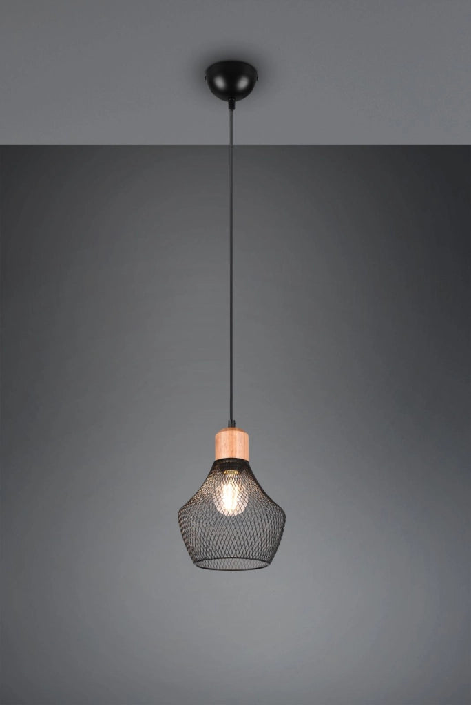 VALERIA SOSPENSIONE METALLO GABBIA NERA CON PARTICOLARE IN LEGNO NATURALE D. 18CM 1 LUCE ATTACCO E27