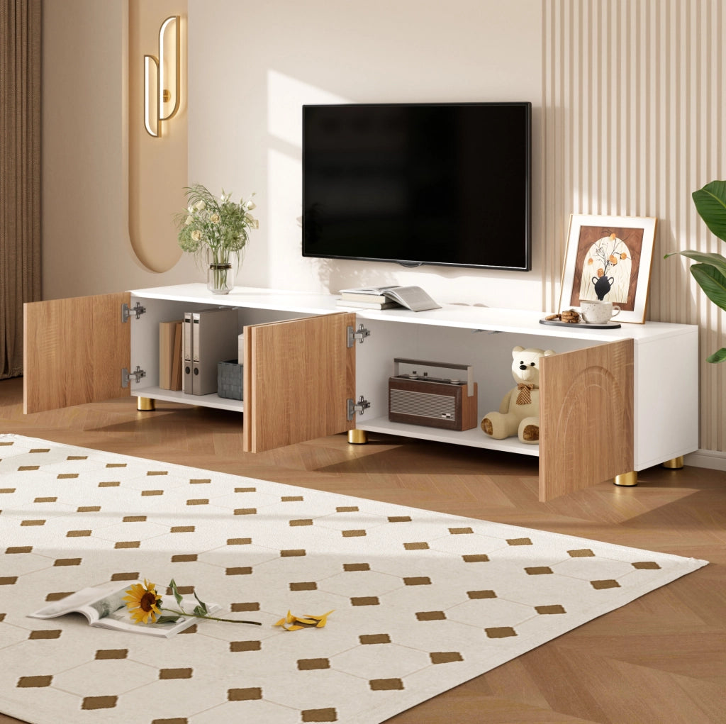 Mobile TV 180x35x40 cm con 4 ante e rilievo ad arco in MDF e pannello truciolare naturale e bianco