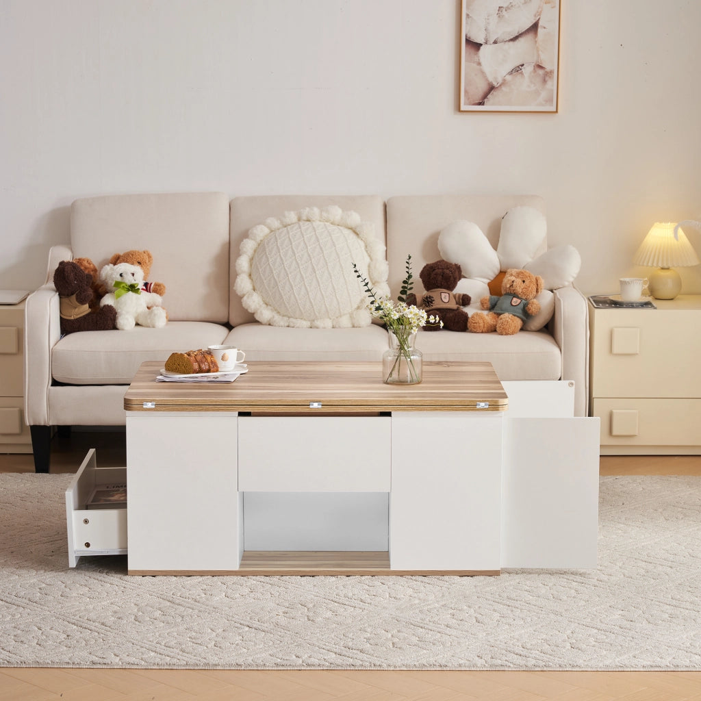 Tavolino da caffè 100x51x47 cm; piano sollevabile 2 in 1 con 2 cassetti; truciolare bianco e colore naturale