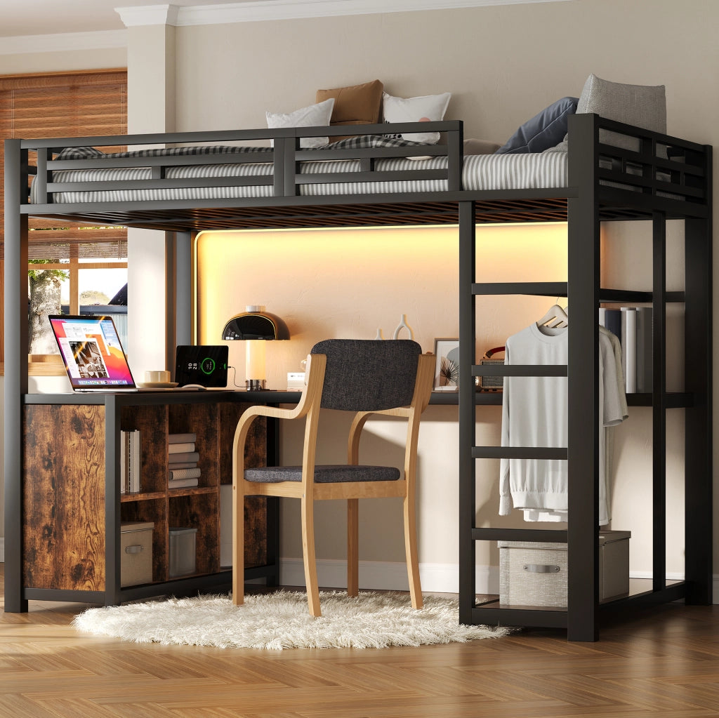 Letto a soppalco 140 × 200 cm con scrivania, LED, stazione di ricarica, armadio aperto, senza materasso, nero