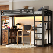 Letto a soppalco 140 × 200 cm con scrivania, LED, stazione di ricarica, armadio aperto, senza materasso, nero