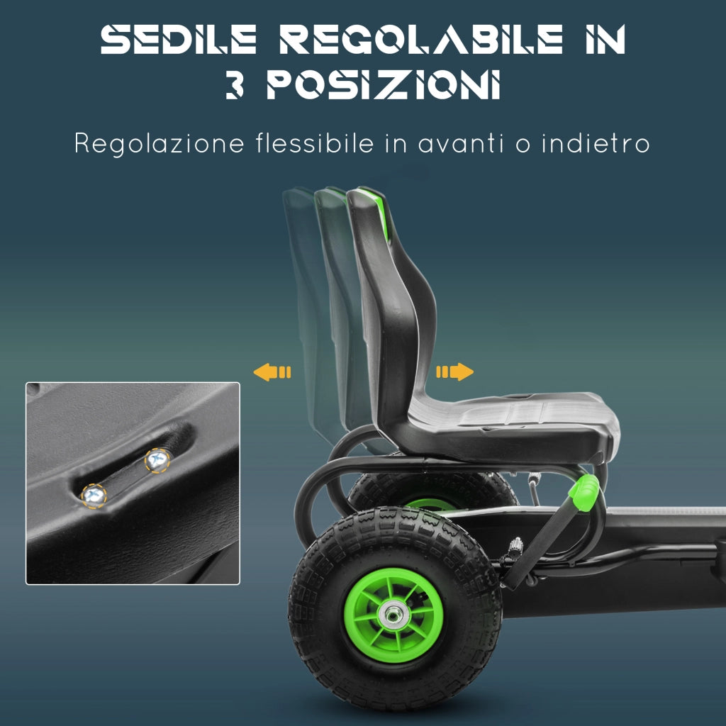 Go Kart a Pedali per Bambini 5-12 Anni 121x58x61 cm in Metallo e PP Verde e Nero