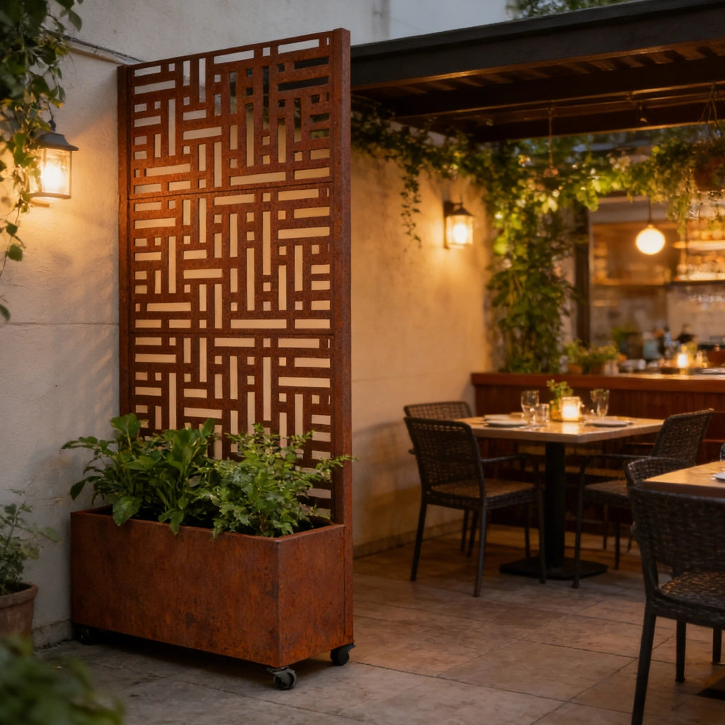 Fioriera con Spalliera Bernalda a 4 Rotelle 190 x 82 x 38 cm Acciaio Corten - Marrone Ossidato casa.pro
