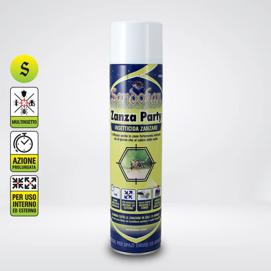 Insetticida effetto abbattente " zanza party " con spray jet per disinfestazioni immediate