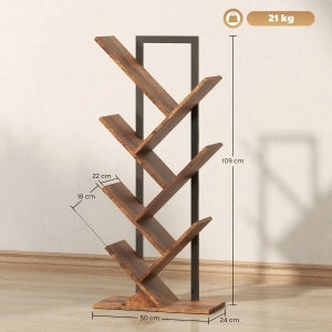 Libreria a forma di albero a 7 ripiani, struttura sottile per ufficio, colore marrone rustico