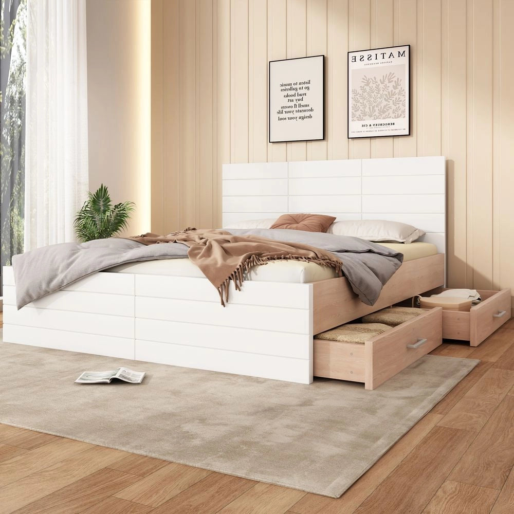 Letto matrimoniale con materasso - Xylo - 140x200 cm - Bianco - Con 2 cassetti e rete a doghe