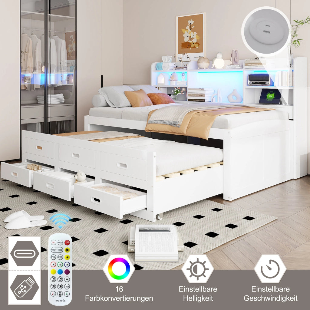 Letto Estraibile Letto Singolo 90x200 cm; 3 Cassetti; LED; USB e Type-C; Bianco
