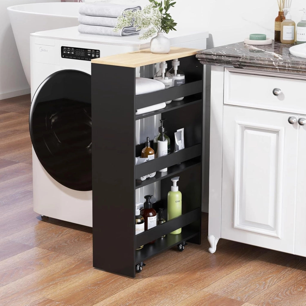 Carrello da Cucina a 4 Ripiani, Carrello in Legno con 4 Ruote Universali, Carrello Scaffale Stretto Salvaspazio con Manico per Bagno, Ufficio, Officina, 47,5 x 20 x 80,5 cm (Nero)