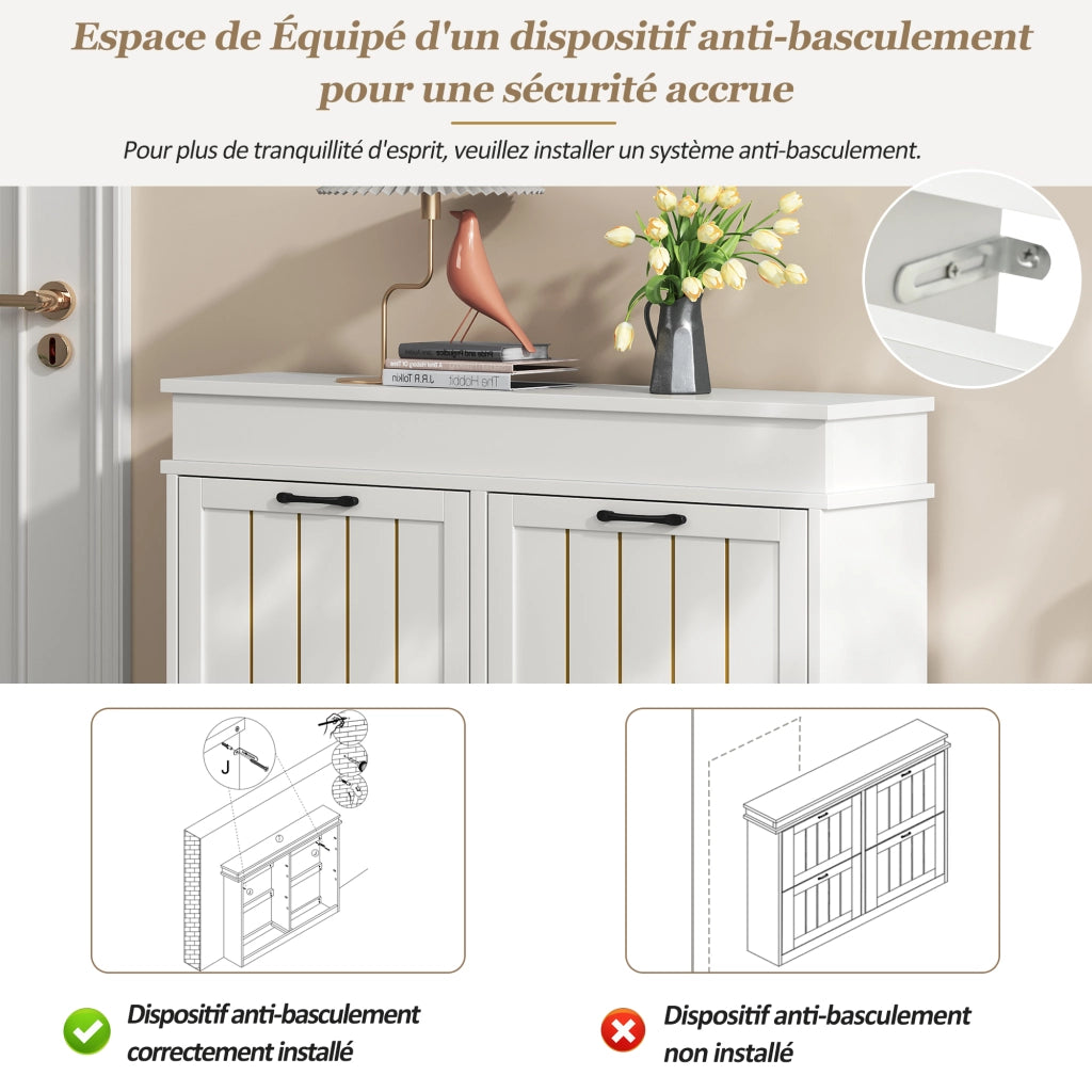 Scarpiera con 4 ante a ribalta e 8 ripiani regolabili; per ingresso e corridoio; in MDF; bianco; 105 × 24 × 83 cm