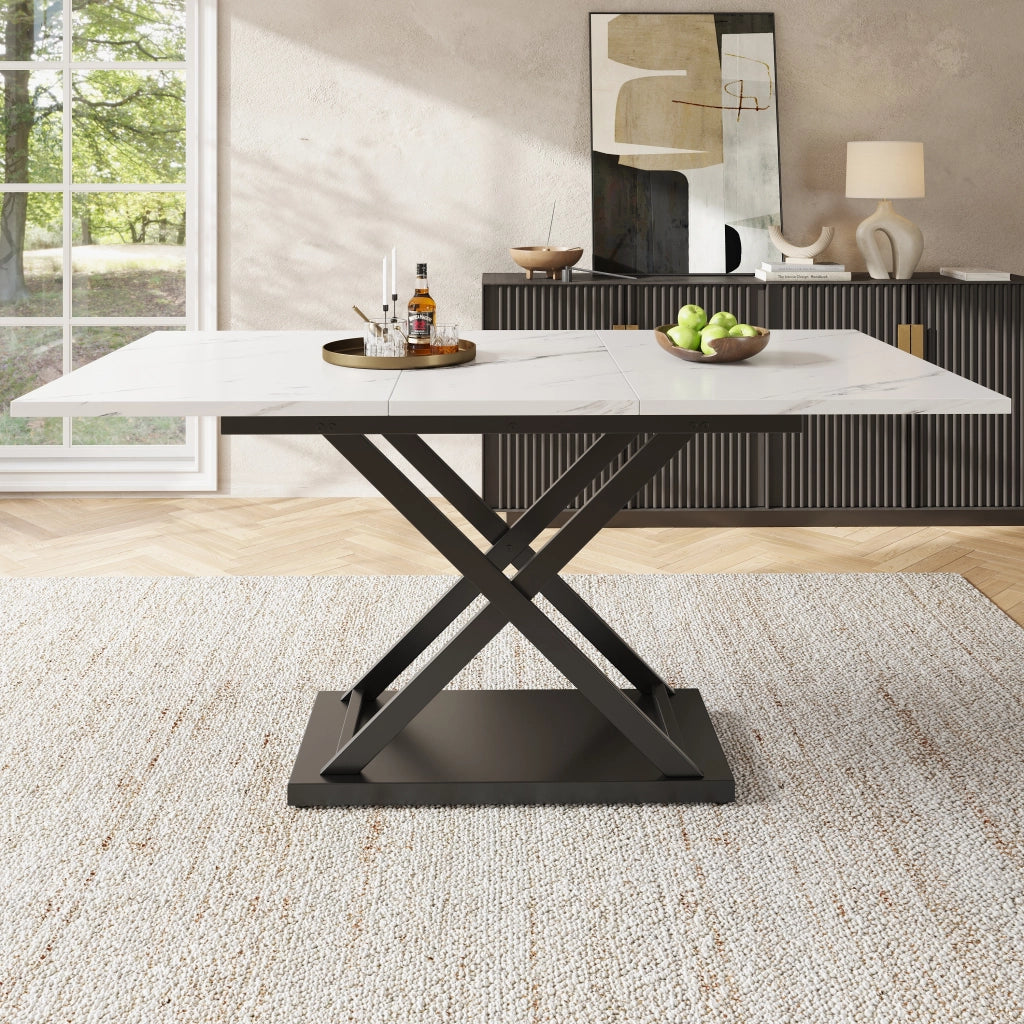 Tavolo da Pranzo per 6-8 Persone Allungabile con Gambe Incrociate in MDF e Metallo 120-160×80×75 cm Bianco Nero