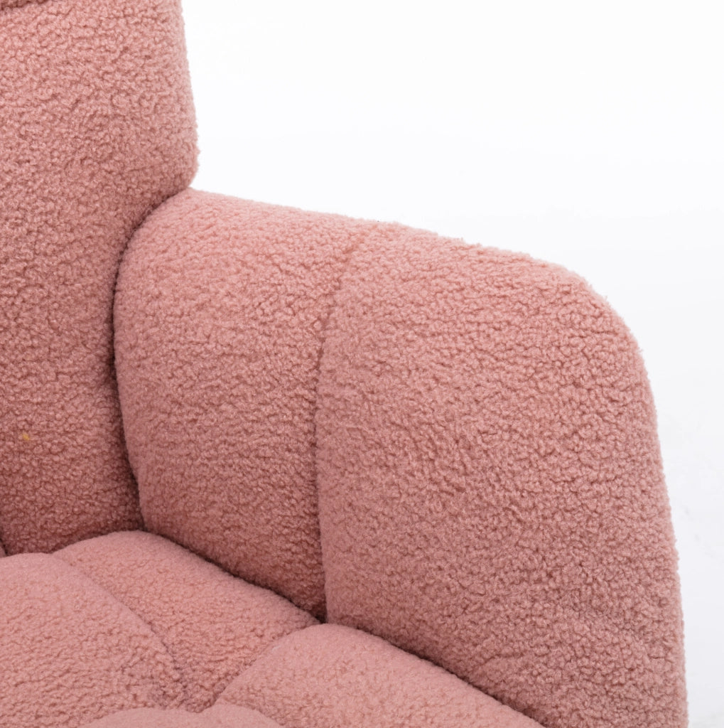 Poltrona a dondolo rosa in tessuto teddy con schienale alto